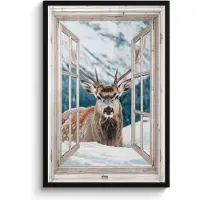 PosterMonkey Poster in lijst - Fotolijst 60x90 cm - Posters - Hert - Winterlandschap - Natuur - Dieren - Doorkijk - Bergen - Posterlijst zwart - Decoratie - Wanddecoratie woonkamer - Muurdecoratie slaapkamer