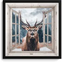 PosterMonkey Poster in lijst - Fotolijst 40x40 cm - Posters - Hert - Dieren - Landschap - Winter - Sneeuw - Doorkijk - Natuur - Posterlijst zwart - Decoratie - Wanddecoratie woonkamer - Muurdecoratie slaapkamer