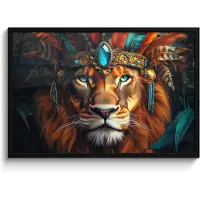 PosterMonkey Poster in lijst - Fotolijst 90x60 cm - Posters - Leeuw - Bladeren - Jungle - Veren - Posterlijst zwart - Decoratie - Wanddecoratie woonkamer - Muurdecoratie slaapkamer