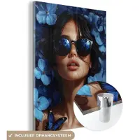MuchoWow Glasschilderij 120x160 cm - Schilderij acrylglas - Vrouw - Blauw - Bloemen - Vlinders - Natuur - Foto op glas - Muurdecoratie woonkamer - Wanddecoratie slaapkamer - Schilderijen