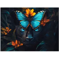PosterMonkey Poster 40x30 cm - Panter - Vlinder - Blauw - Bloemen - Natuur - Posters - Kamer decoratie - Wanddecoratie woonkamer - Muurdecoratie slaapkamer