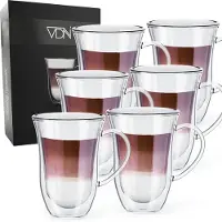 VDN Dubbelwandige Koffieglazen Theeglazen met oor - 300 ML koffietassen - Set Van 6 Handgeblazen Cappucc