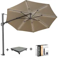 Platinum Challenger T2 glow zweefparasol 350 cm rond taupe met 90KG voet en hoes