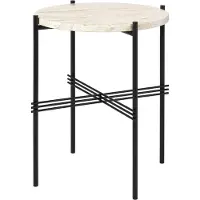 Gubi TS Round Bijzettafel natural white travertine, ø40, zwart onderstel