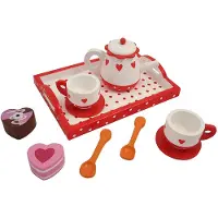 Gerkimex - Houten theeservies hartjes en stip op recht dienblad - Kinderservies - Speelservies