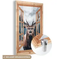 MuchoWow Glasschilderij 120x180 cm - Schilderij acrylglas - Doorkijk - Hert - Dieren - Winterlandschap - Sneeuw - Foto op glas - Muurdecoratie woonkamer - Wanddecoratie slaapkamer - Schilderijen