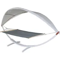 MCW Hangmat -J47, hangende schommel tot 200kg luifel MVG houten frame 420cm 2 personen ~ wit, grijs