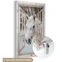 MuchoWow Glasschilderij 120x180 cm - Schilderij acrylglas - Paard - Wit - Winter - Sneeuw - Doorkijk - Dieren - Foto op glas - Muurdecoratie woonkamer - Wanddecoratie slaapkamer - Schilderijen