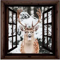 PosterMonkey Poster 50x50 cm - Hert - Sneeuw - Winter - Bos - Dieren - Doorkijk - Posters - Kamer decoratie - Wanddecoratie woonkamer - Muurdecoratie slaapkamer