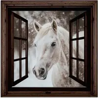 PosterMonkey Poster 75x75 cm - Doorkijk - Paard - Wit - Winterlandschap - Sneeuw - Posters - Kamer decoratie - Wanddecoratie woonkamer - Muurdecoratie slaapkamer
