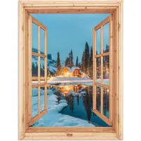 PosterMonkey Poster 120x160 cm - Winterlandschap - Natuur - Huis - Bergen - Doorkijk - Raam - Posters - Kamer decoratie - Wanddecoratie woonkamer - Muurdecoratie slaapkamer XXL