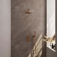 Brauer Copper Carving thermostatische inbouw regendouche 3-weg omstelling SET 30 met 30 cm douchekop en plafondarm en staaf handdouche en doucheslang en wandaansluitbocht koper geborsteld PVD