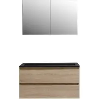 Boss & Wessing Badkamermeubel BWS Pepper Wastafel Acryl Mat Zwart Incl Spiegelkast 2 Deurs Zonder Kraangat 100x55x46 cm Eiken