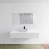 Mondiaz Badkamermeubelset LAGOM 150 cm met Topblad Gecentreerde Wastafel Solid Surface Opzetkom Binx Met 1 Kraangat Mat Wit (1 lade)