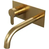 Brauer Gold Edition ColdStart wastafelkraan inbouw gebogen uitloop met achterplaat model D2 geborsteld messing PVD