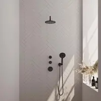 Brauer Black Carving thermostatische inbouw regendouche SET 09 met 20 cm douchekop en gebogen muurarm en 3-standen handdouche en doucheslang en wandaansluitbocht mat zwart