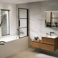 Riho Badwand met klapdeur grid 80x150 cm 6 mm helderglas zwarte profielen rechts