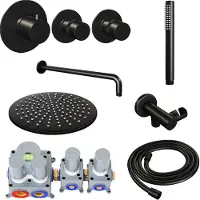 Brauer Black Edition thermostatische inbouw regendouche SET 04 met 30 cm douchekop en gebogen muurarm en staaf handdouche en doucheslang en wandaansluitbocht mat zwart