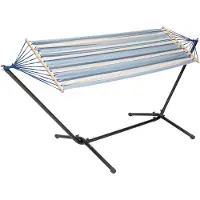 Livarno Hangmat Hammock Blue Striped, geleverd in handige opbergtas, buizenframe 5 cm doorsnede. nettogewicht 13 kg Ligvlak 200 cm x 100 cm Max belasting 100 kg