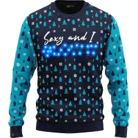 JAP Christmas Kersttrui met lichtjes (maat 2XL) - 100% Gerecycled - Kriebelt niet - Kerstcadeau volwassenen - Foute Kersttrui dames en heren - Sexy and I GLOW IT - Blauw