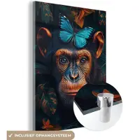 MuchoWow Glasschilderij 120x160 cm - Schilderij acrylglas - Chimpansee - Aap - Natuur - Blauwe vlinder - Foto op glas - Muurdecoratie woonkamer - Wanddecoratie slaapkamer - Schilderijen