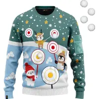 JAP Christmas Interactieve Kersttrui (maat 4XL) - 100% Gerecycled - Kriebelt niet - Kerstcadeau volwassenen - Foute Kersttrui dames en heren XXXXL - Bal werpen (Inclusief 4 ballen) - Blauw