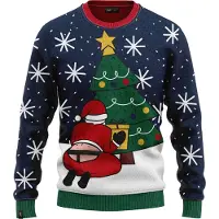 JAP Christmas Interactieve Kersttrui (maat XL) - 100% Gerecycled - Kriebelt niet - Kerstcadeau volwassenen - Foute Kersttrui dames en heren - Santastring - Blauw