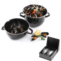 Anovi Zeeuws mosselbestek set – luxe veermechanisme – 2 stuks – met geëmailleerde mosselpan 2,5 liter