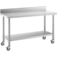 Royal Catering RVS tafel met wielen - PREMIUM - 60 x 150 cm - 160 kg - achterwand -