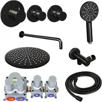 Brauer Inbouw Regendouche Set Black Edition Gebogen Wanduitloop Ronde Hoofddouche 30 cm Met Twee Stopkranen en Handdouche 3 Standen Mat Zwart