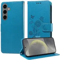 Mobigear Telefoonhoesje geschikt voor Samsung Galaxy S24 FE Hoesje | Flowers Bookcase Portemonnee | Pasjeshouder voor 3 Pasjes | Telefoonhoesje voor Pinpas / OV Kaart / Rijbewijs - Blauw