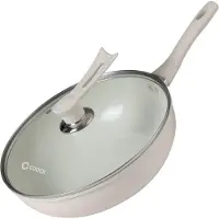 Coock Wokpan Inductie 32cm - Speciale Anti-Aanbak Coating - Roerbakpan met deksel - Gerecycled Aluminium - Wit - Inclusief E-book