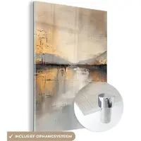 MuchoWow Glasschilderij 120x160 cm - Schilderij acrylglas - Abstract - Modern - Beige - Aesthetic - Goud - Foto op glas - Muurdecoratie woonkamer - Wanddecoratie slaapkamer - Schilderijen