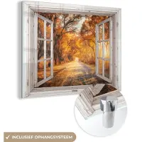MuchoWow Glasschilderij 160x120 cm - Schilderij acrylglas - Bos - Herfst - Bomen - Bospad - Natuur - Doorkijk - Foto op glas - Muurdecoratie woonkamer - Wanddecoratie slaapkamer - Schilderijen