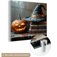 MuchoWow Glasschilderij 90x90 cm - Schilderij acrylglas - Halloween - Stilleven - Heksenhoed - Pompoen - Heks - Foto op glas - Muurdecoratie woonkamer - Wanddecoratie slaapkamer - Schilderijen