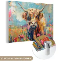 MuchoWow Glasschilderij 180x120 cm - Schilderij acrylglas - Schotse hooglander - Natuur - Kleurrijk - Bloemen - Foto op glas - Muurdecoratie woonkamer - Wanddecoratie slaapkamer - Schilderijen