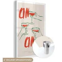 MuchoWow Glasschilderij 120x180 cm - Schilderij acrylglas - Cocktail glazen - Cin Cin - Rood - Abstract - Beige - Foto op glas - Muurdecoratie woonkamer - Wanddecoratie slaapkamer - Schilderijen