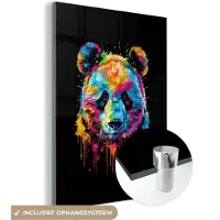 MuchoWow Glasschilderij 120x160 cm - Schilderij acrylglas - Panda - Dieren - Kleur - Verf - Zwart - Foto op glas - Muurdecoratie woonkamer - Wanddecoratie slaapkamer - Schilderijen
