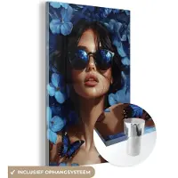 MuchoWow Glasschilderij 120x180 cm - Schilderij acrylglas - Vrouw - Blauw - Bloemen - Vlinders - Natuur - Foto op glas - Muurdecoratie woonkamer - Wanddecoratie slaapkamer - Schilderijen