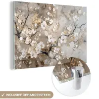 MuchoWow Glasschilderij 180x120 cm - Schilderij acrylglas - Bloemen - Wit - Goud - Beige - Luxe - Foto op glas - Muurdecoratie woonkamer - Wanddecoratie slaapkamer - Schilderijen