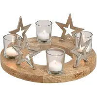Advent Kaarsen houder kandelaar Ster decor, metaal, glas, mangohout, zilver