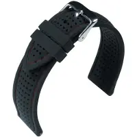Eulit horlogeband - siliconen - 20 mm - zwart met rode stiksels - edelmetaal gesp glanzend
