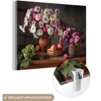 MuchoWow Glasschilderij 160x120 cm - Schilderij acrylglas - Bloemen - Fruit - Stilleven - Roze - Foto op glas - Muurdecoratie woonkamer - Wanddecoratie slaapkamer - Schilderijen