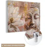MuchoWow Glasschilderij 160x120 cm - Schilderij acrylglas - Buddha - Bloem - Goud - Roze - Abstract - Foto op glas - Muurdecoratie woonkamer - Wanddecoratie slaapkamer - Schilderijen