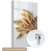 MuchoWow Glasschilderij 120x180 cm - Schilderij acrylglas - Graan - Geel - Wit - Natuur - Stilleven - Foto op glas - Muurdecoratie woonkamer - Wanddecoratie slaapkamer - Schilderijen