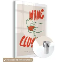 MuchoWow Glasschilderij 120x160 cm - Schilderij acrylglas - Wijn - 'Wine club' - Rood - Quote - Vintage - Beige - Foto op glas - Muurdecoratie woonkamer - Wanddecoratie slaapkamer - Schilderijen