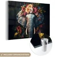 MuchoWow Glasschilderij 180x120 cm - Schilderij acrylglas - Olifant - Dieren - Bloemen - Natuur - Foto op glas - Muurdecoratie woonkamer - Wanddecoratie slaapkamer - Schilderijen