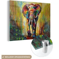 MuchoWow Glasschilderij 160x120 cm - Schilderij acrylglas - Olifant - Kunst - Schilderij - Dieren - Regenboog - Foto op glas - Muurdecoratie woonkamer - Wanddecoratie slaapkamer - Schilderijen