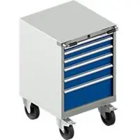 Schäfer Shop Gereedschapskast verrijdbaar WSK 27-27, 6 laden, H 870 mm, individuele vergrendeling, staal, lichtgrijs/enziumblauw, met een lengte van 2,5 meter.