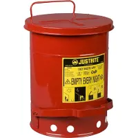 Justrite Container voor olieachtig afval, zelfsluitend deksel, met pedaal, plaatstaal, Ø 290 x H 400 mm, 20 l, rood